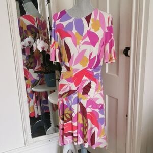 Donna Morgan Vibrant Multicolor Dress bell sleeve, midi, size 10. EUC